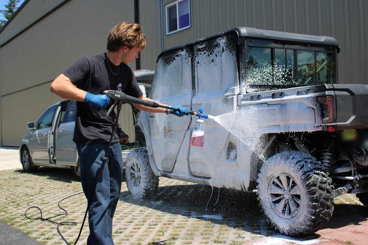 Foam wash in progress on a UTV, Olga Detailing Services